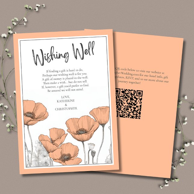Tarjeta De Recepción Peach Poppies Floral Elegante Boda Deseando Bien (Peach Floral Wishing Well Enclosure Card with California Poppies and Modern Typography.)