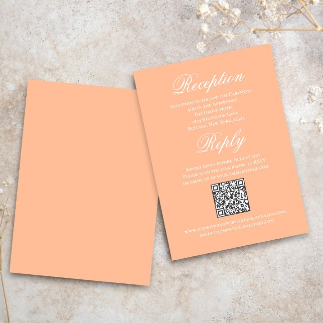 Tarjeta De Recepción Peach Wedding Script RSVP Reception  (Peach reception and reply card with a scannable QR code.)