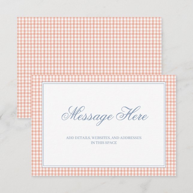 Tarjeta De Recepción Peach y White Gingham Boda (Anverso / Reverso)