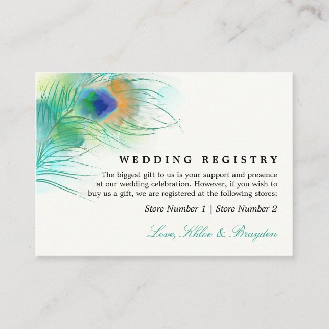 Tarjeta De Recepción Peacock acuático verde azulado | Registro de obseq (Anverso)