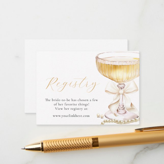 Tarjeta De Recepción Pearls & Prosecco Bow Bridal Shower Registry (Anverso/Reverso In Situ)