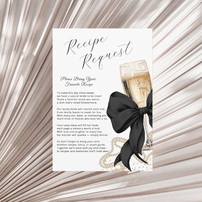 Tarjeta De Recepción Pearls & Prosecco Bridal Recipe Black Bow (Coquette Black Bow & Pearls Bridal Shower Enclosure card)