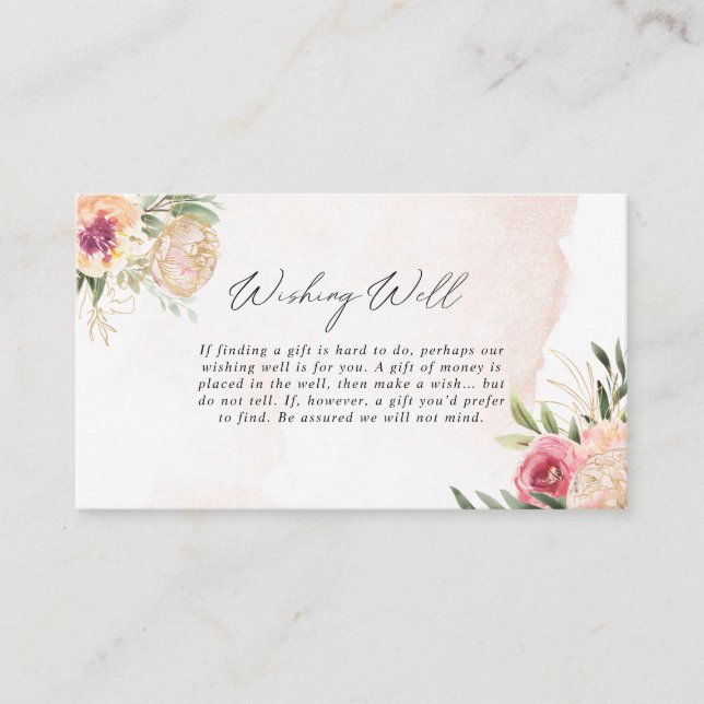 Tarjeta De Recepción Peony y flores de Relieve metalizado dorado desean (Anverso)