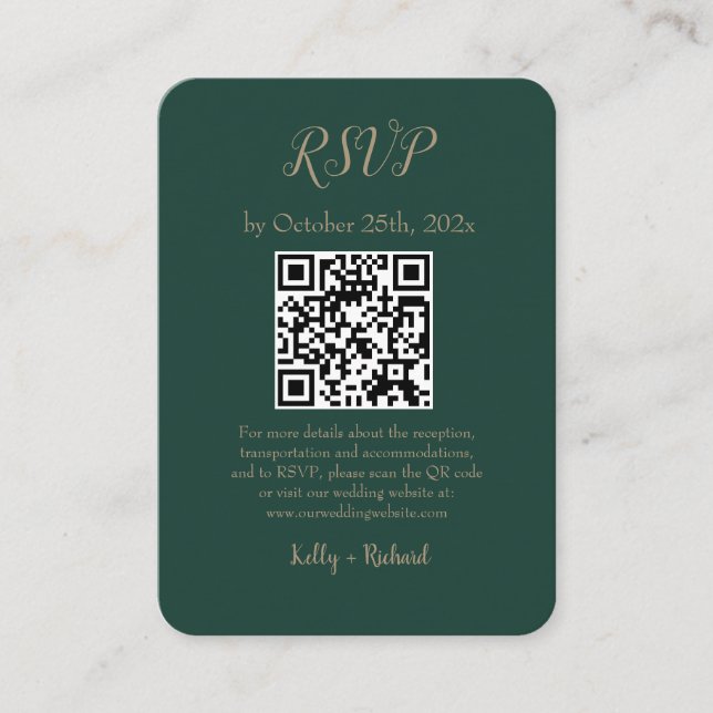 Tarjeta De Recepción Pequeña boda vertical verde esmeralda RSVP Código  (Anverso)