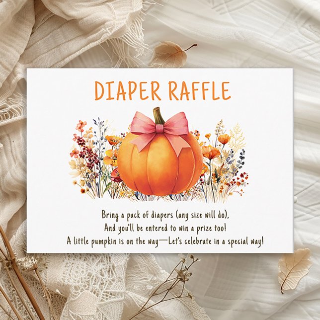 Tarjeta De Recepción Pequeña Calabaza de flores otoñales Chica Diaper R (Little Pumpkin baby girl shower "Diaper Raffle" card)