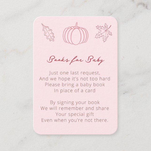 Tarjeta De Recepción Pequeña Calabaza Rosa Baby Shower Trae Un Libro (Anverso)