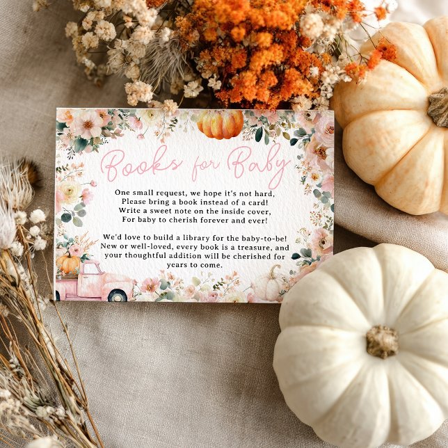 Tarjeta De Recepción Pequeña calabaza rosa Camión Libros Florales para  (Pink Little Pumpkin Truck Floral Books for Baby Enclosure Card)