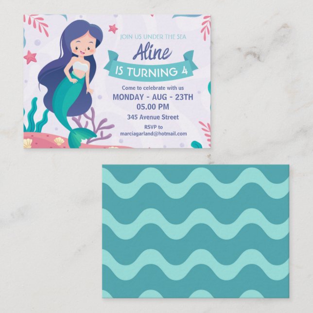 Tarjeta De Recepción Pequeña fiesta de cumpleaños de sirena (Anverso / Reverso)