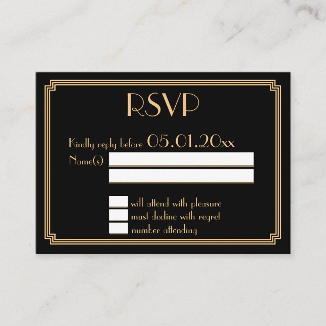 Tarjeta De Recepción Pequeña Gran Gatsby Art Deco Boda Negra RSVP (Anverso)
