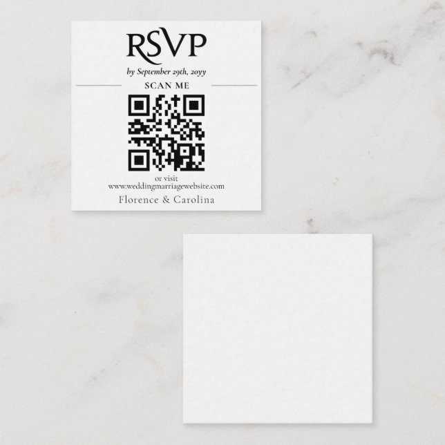 Tarjeta De Recepción Pequeña Moda blanca Boda de código RSVP QR moderno (Anverso / Reverso)