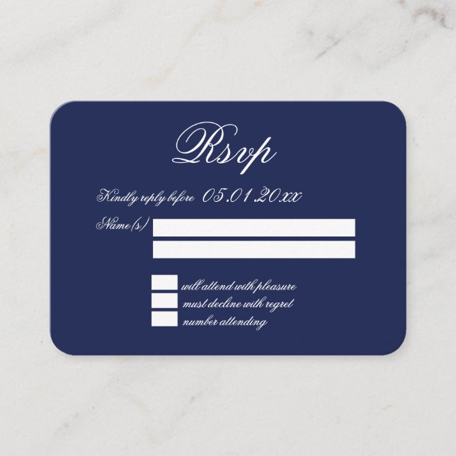 Tarjeta De Recepción Pequeña y elegante Navía Mínima Boda Azul RSVP (Anverso)