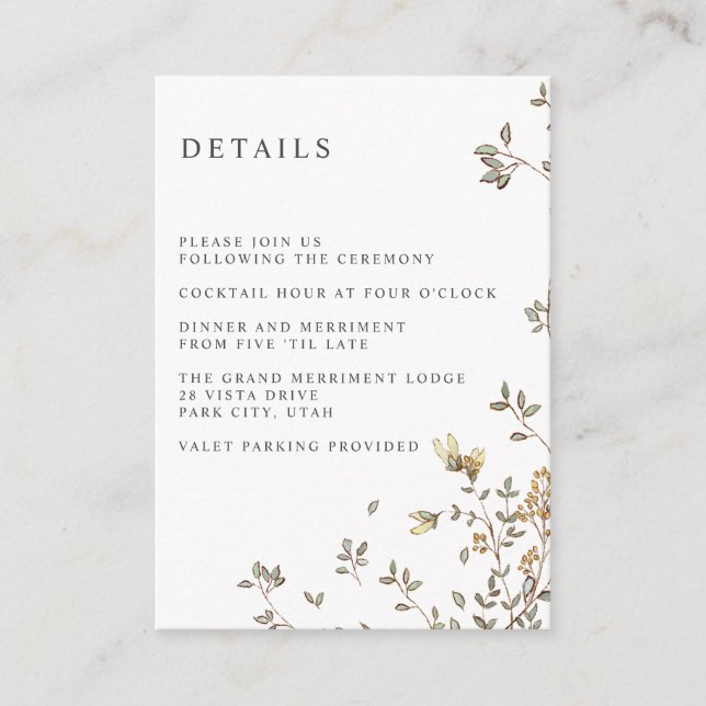 Tarjeta De Recepción Pequeñas hojas BODA Hotel detalle Alojamiento (Anverso)