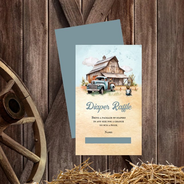 Tarjeta De Recepción Pequeño agricultor Baby Shower Diaper Raffle ("A Cute Little Farm Boy Is On His Way!" Rustic Barn Vintage Truck Boy Baby Shower Diaper Raffle Card)