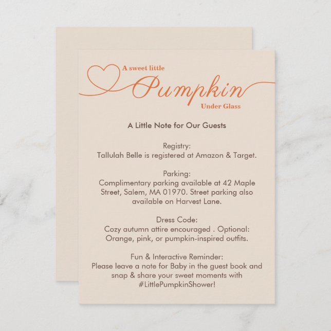 Tarjeta De Recepción Pequeño Baby Shower de calabaza - Moda de otoño (Anverso / Reverso)