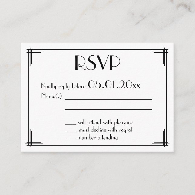 Tarjeta De Recepción Pequeño negro Gran Gatsby Art Deco Wedding RSVP (Anverso)