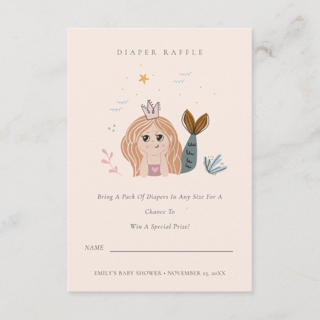 Tarjeta De Recepción Pequeño Rubor Mermaid Diaper Raffle Baby Shower (Anverso)