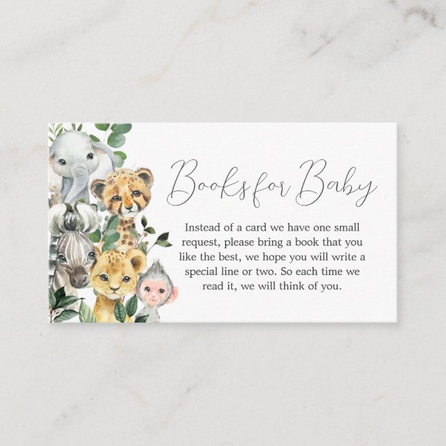 Tarjeta De Recepción Pequeño y dulce Safari Baby Shower Books para el b (Anverso)