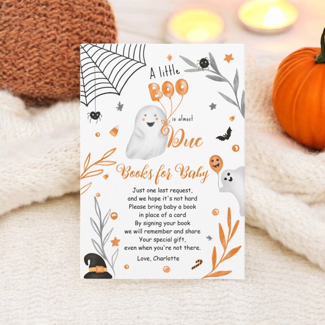 Tarjeta De Recepción Pequeño y lindo Boo libros de naranja de Halloween (Cute little Boo Halloween orange books baby shower Enclosure Card)