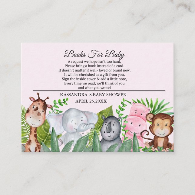 Tarjeta De Recepción Pequeños Animales De La Jungla Rosa Libro De Baby  (Anverso)