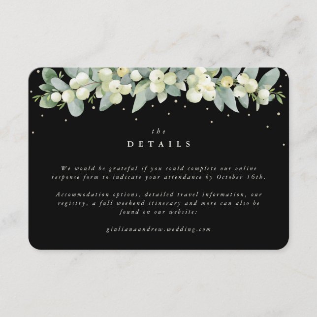Tarjeta De Recepción Pequeños detalles de Boda de Snowberry negro + euc (Anverso)