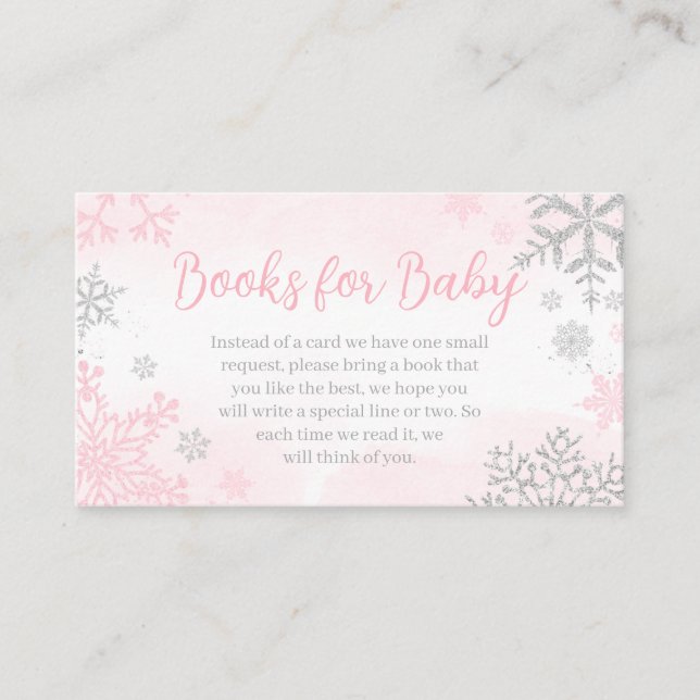 Tarjeta De Recepción Pequeños libros de Baby Shower rosados con copos d (Anverso)