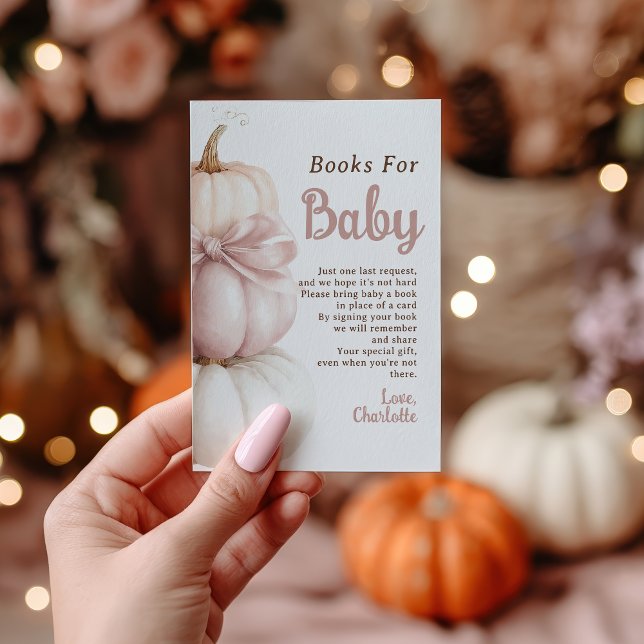 Tarjeta De Recepción Pequeños libros de Chicas de calabaza rosada para  (Pink Bow Little Pumpkin Girl Books for Baby Shower Enclosure Card)