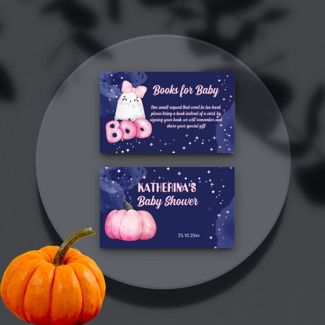 Tarjeta De Recepción Pequeños libros de halloween para la ducha para be (Little boo Halloween baby shower books for baby card cute pink baby ghost starry night background)