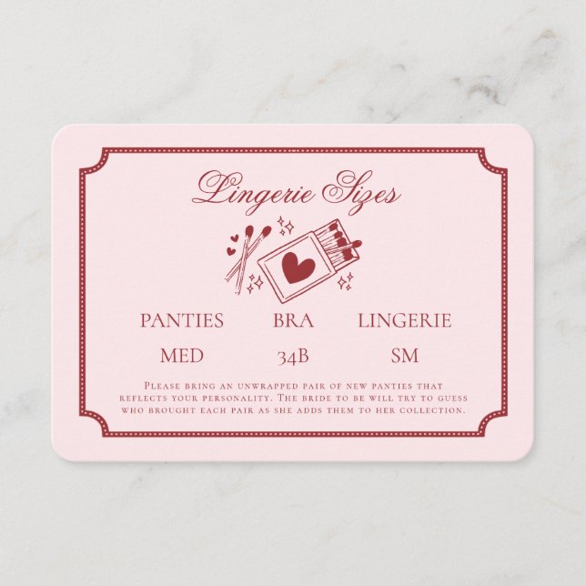 Tarjeta De Recepción Perfect Match Made in Heaven Pink Lingerie Sizes (Anverso)