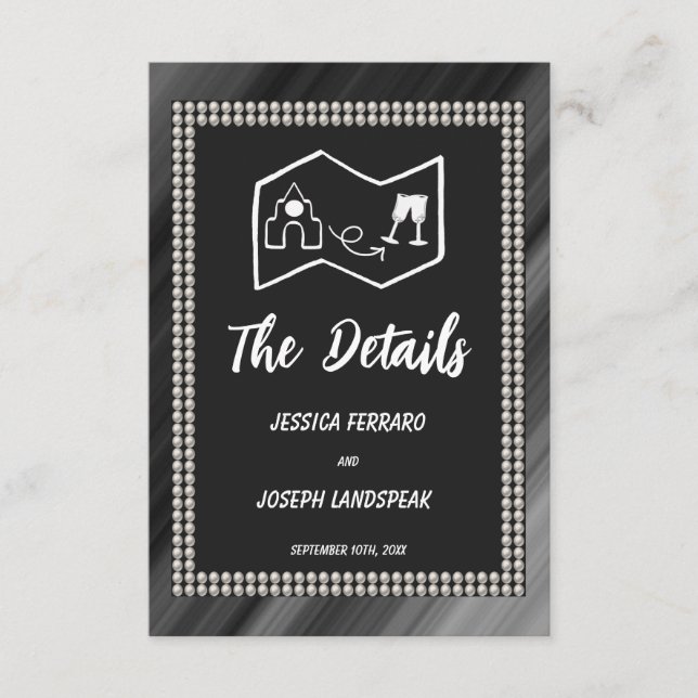 Tarjeta De Recepción Perlas y mapa retro en blanco y negro (Anverso)