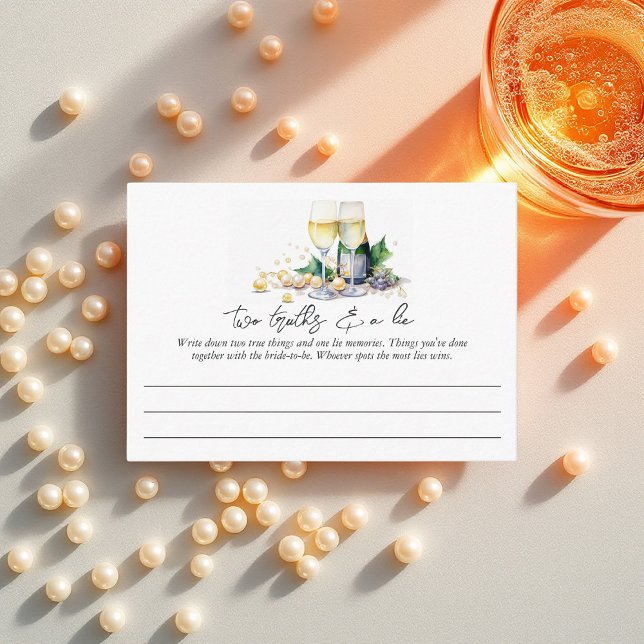 Tarjeta De Recepción Perlas y prosecco juego de novias "Dos verdades y  (Pearls and Prosecco "Two Truths and a Lie" Bridal Game Enclosure Card)