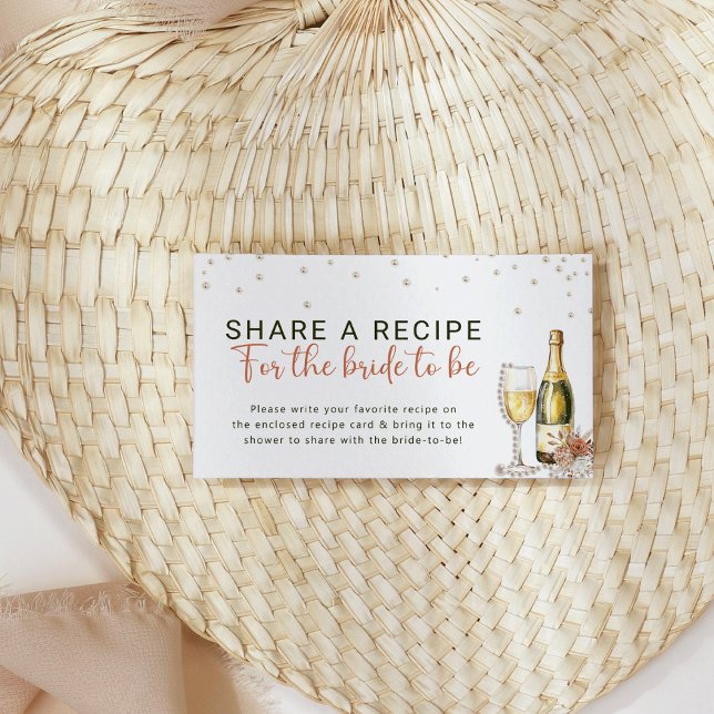 Tarjeta De Recepción Perlas y Prosecco: Solicitud de receta para fiesta (Elegant Pearls and Prosecco Bridal Shower Recipe Request Enclosure Card)