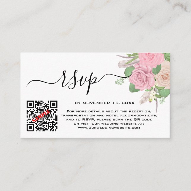 Tarjeta De Recepción Personalizado Boho Boda Código QR RSVP (Anverso)