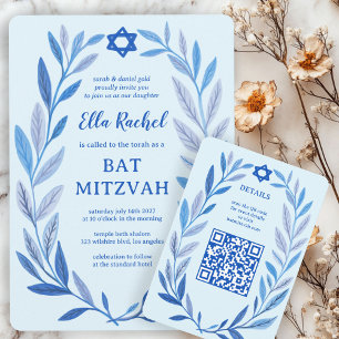 Tarjeta De Recepción Personalizado de acuarela botánica QR Bar Bat Mitz