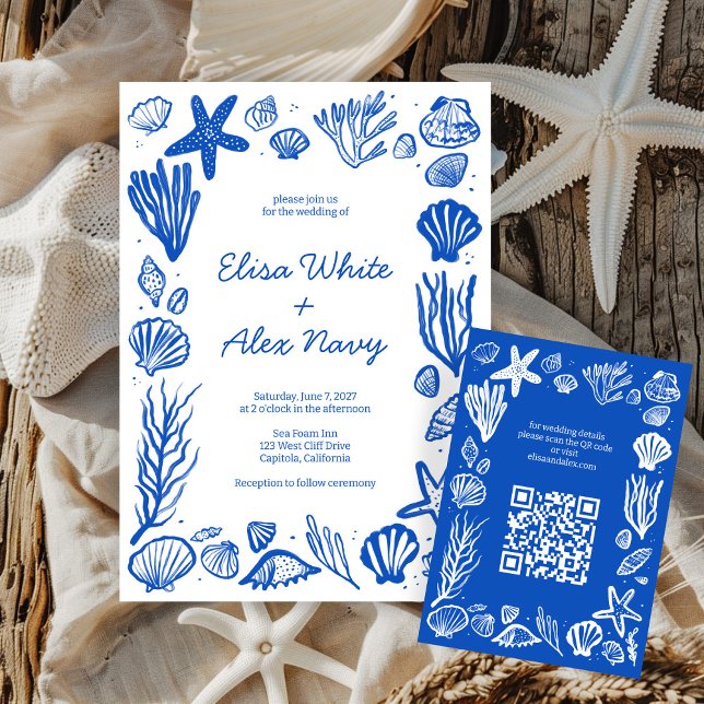 Tarjeta De Recepción Personalizado de casamiento de mariscos de marco d (Seashells Frame Beach Wedding CUSTOM QR Code Enclosure Card
)