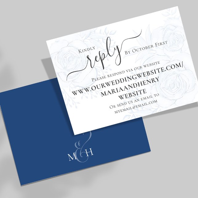 Tarjeta De Recepción Personalizado de respuesta RSVP de Boda Floral Azu (Elegant dusty blue rose floral RSVP website enclosure card. )