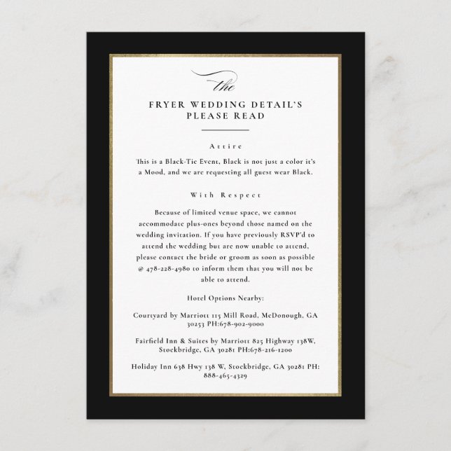 Tarjeta De Recepción Personalizado Elegante Detalles de Boda Negro y Or (Anverso)