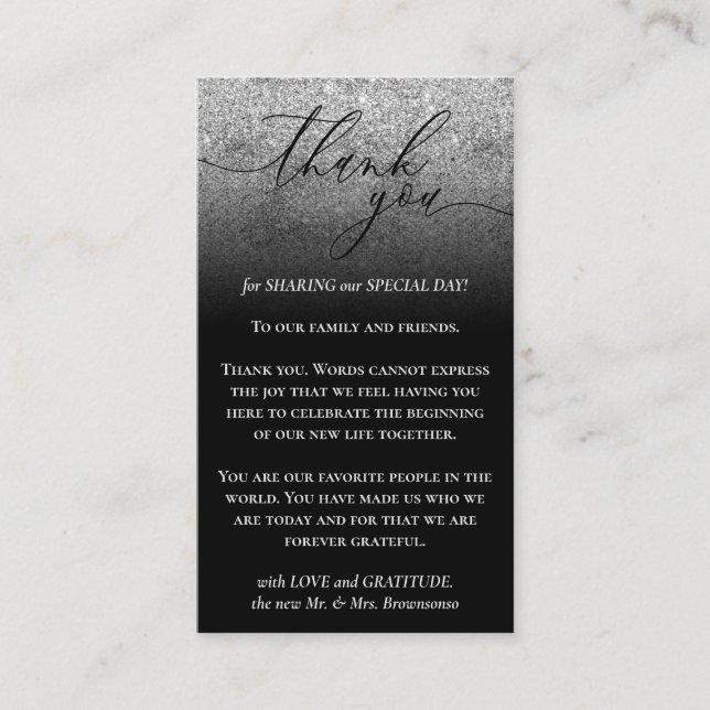 Tarjeta De Recepción Personalizado negro Foto Gray Glitz Silver Gracias (Anverso)
