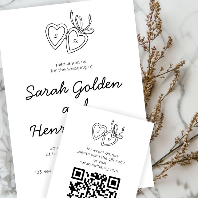 Tarjeta De Recepción Personalizado QRCode de la sincera cardíaca (Whimsical Heart Locket Doodle Sketch CUSTOM QRCode Enclosure Card
)