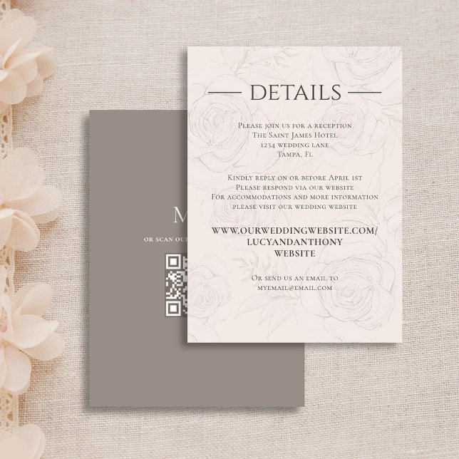 Tarjeta De Recepción Personalizado RSVP de detalles de Boda Rosado de R (Details wedding enclosure card with QR code for Online RSVP. )