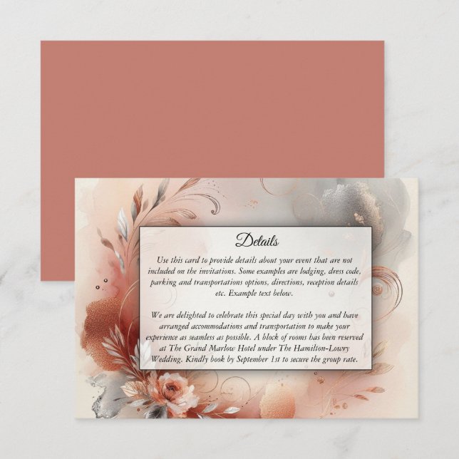 Tarjeta De Recepción Pétalos ruborizados y Boda de Swirls plateado (Anverso / Reverso)