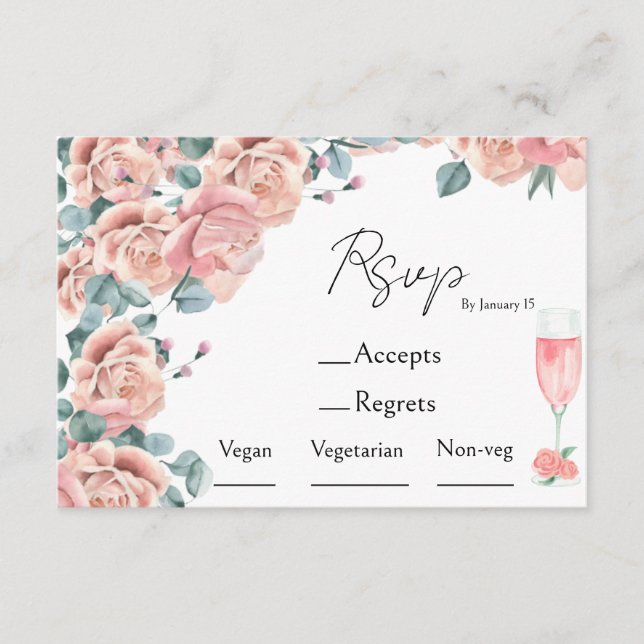 Tarjeta De Recepción pétalos y prosecco opción de comida para ducha de  (Anverso)