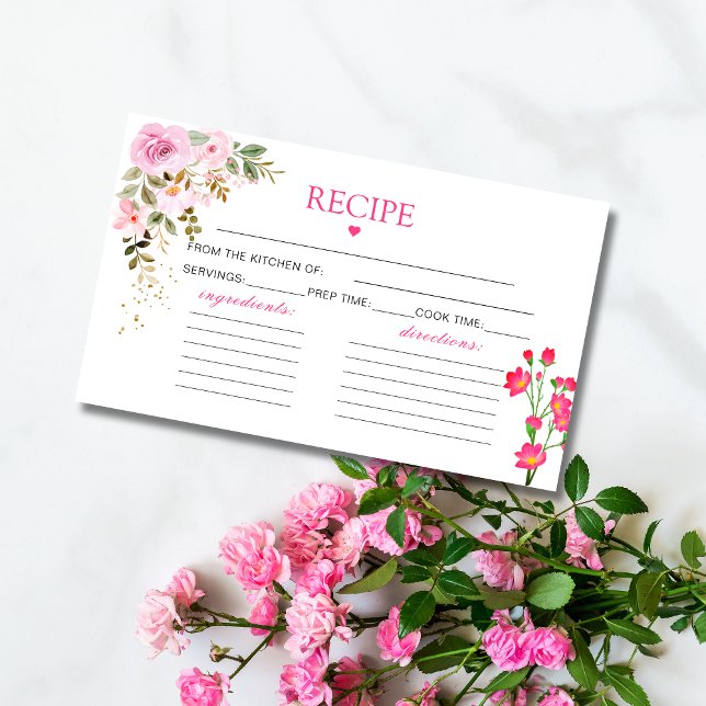 Tarjeta De Recepción Pétalos y prosecco Receta rosa brillante floral (Petals and prosecco Floral Bright Pink Recipe Enclosure Card)