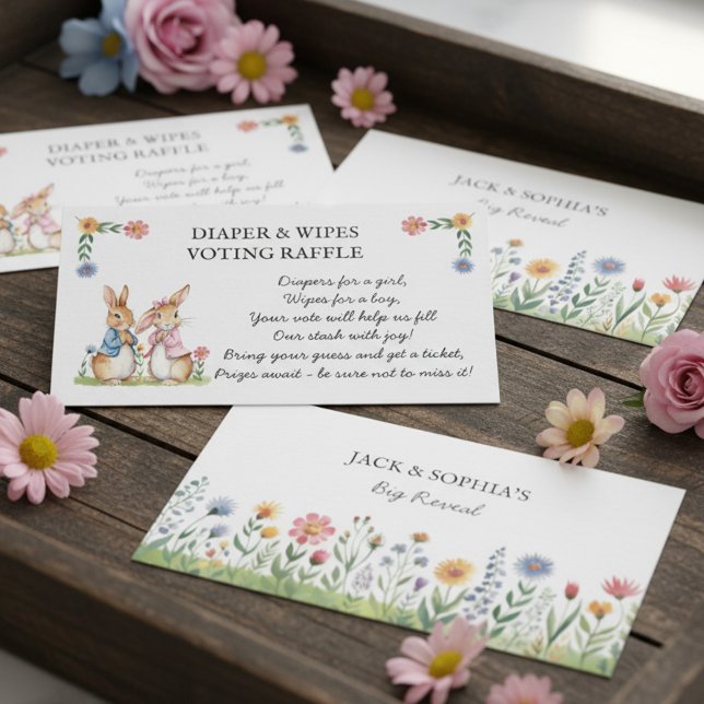 Tarjeta De Recepción Peter Rabbit Diaper and Wipes Raffle Guessing Game (Peter Rabbit storybook themed gender reveal diaper & wipes voting raffle cards)