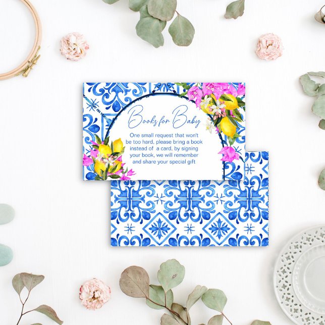 Tarjeta De Recepción Petición de libros sobre las islas azules lemons B (Blue Tiles Lemons Bougainvillea books request Card Mediterranean baby shower books for baby card)