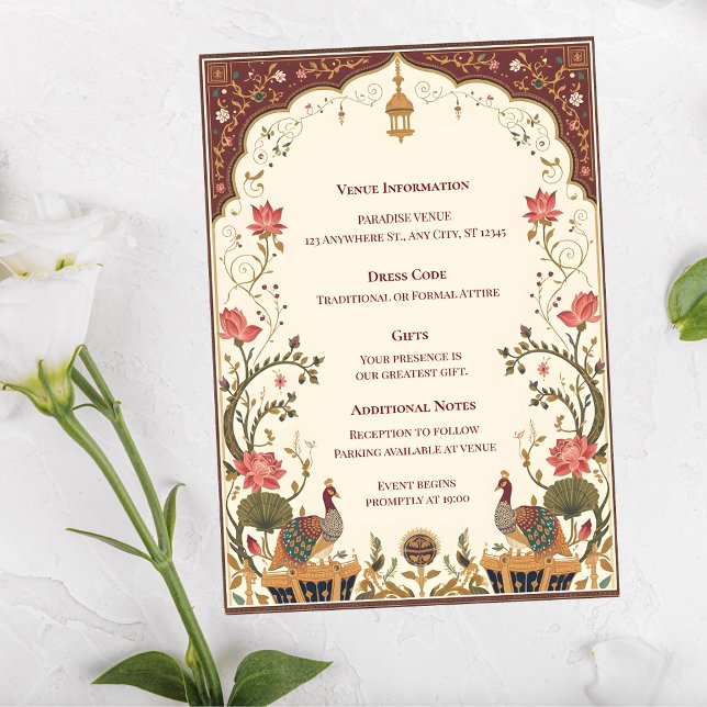 Tarjeta De Recepción Pichwai Indian Lotus Peacock Wedding (Subido por el creador)