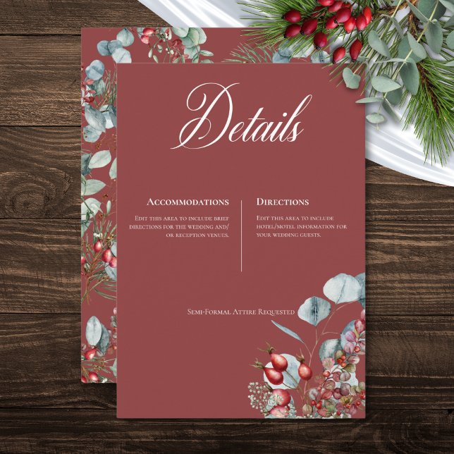 Tarjeta De Recepción Pine de invierno rojo Berries Eucalyptus Boda (Red Winter Pine Berries Eucalyptus Wedding Enclosure Card)