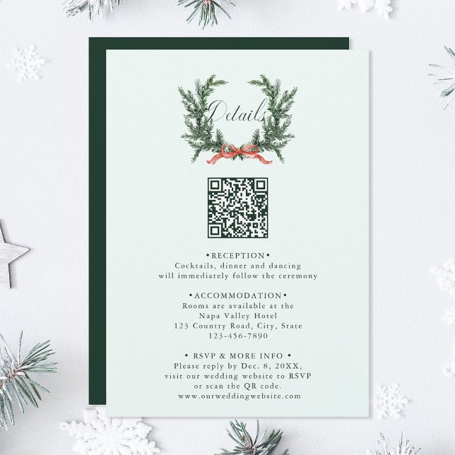 Tarjeta De Recepción Pine Wreath Wedding QR Code Details Mint Green (Subido por el creador)