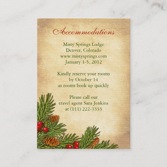 Tarjeta De Recepción Pines Boughs Boda de invierno de vacaciones Insert (Anverso)
