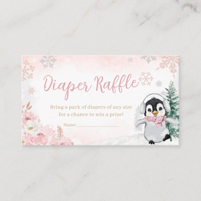 Tarjeta De Recepción Pingüino de invierno rosa Baby Shower Diaper Raffl (Anverso)