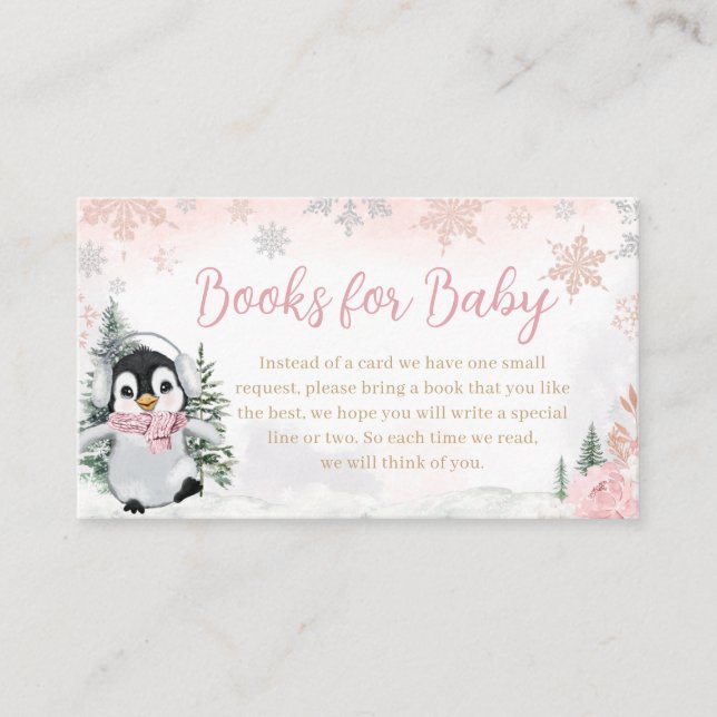 Tarjeta De Recepción Pingüino de invierno rosado: Libros de Baby Shower (Anverso)